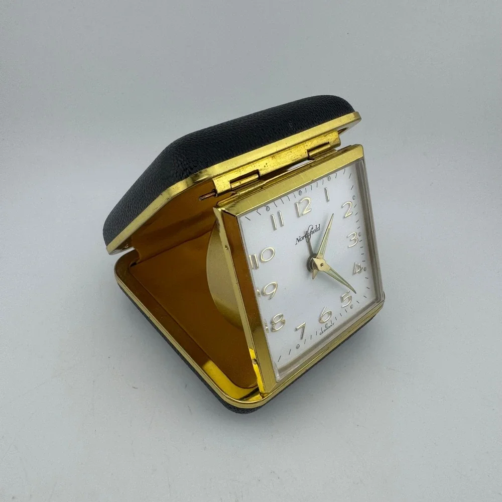 Vintage Northfield Black Travel Alarm Clock German Mechanical Wind Up Folding